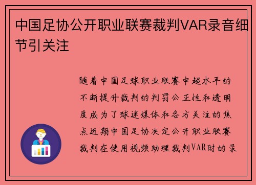 中国足协公开职业联赛裁判VAR录音细节引关注