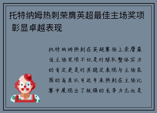 托特纳姆热刺荣膺英超最佳主场奖项 彰显卓越表现